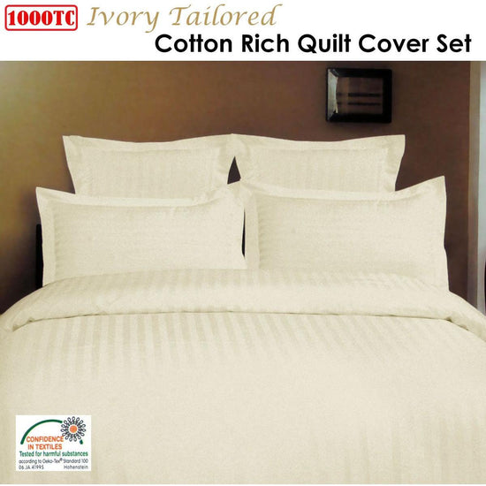 1000TC Self Striped Tailored Quilt Cover Set Ivory King - Magdasmall