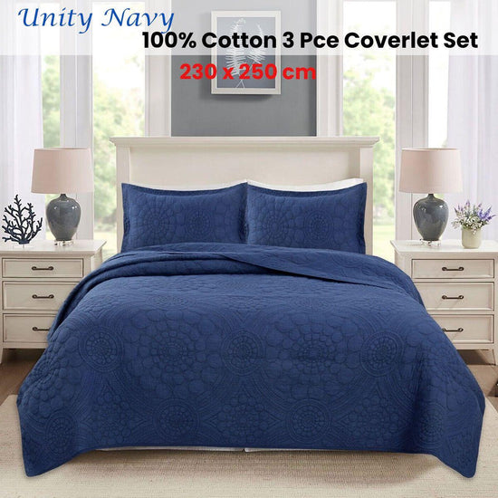 100% Cotton Lightly Quilted Coverlet Set Unity Navy Queen - Magdasmall