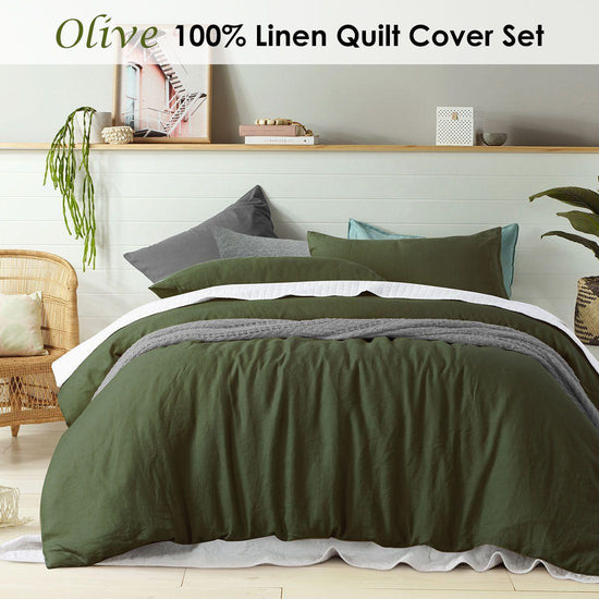 100% Linen Olive Quilt Cover Set Single - Magdasmall