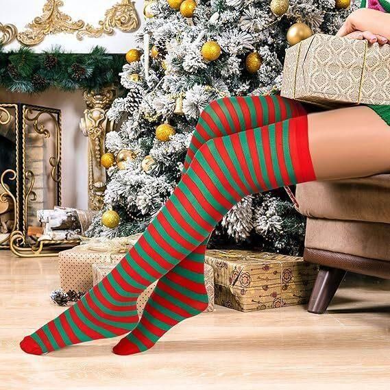 10x Christmas Over The Knee Socks Red Green Xmas Candy Cane Striped Elf Bulk - Magdasmall