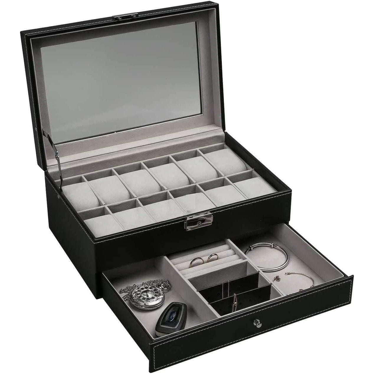 12 Slot PU Leather Lockable Watch and Jewelry Storage Boxes (Black) - Magdasmall