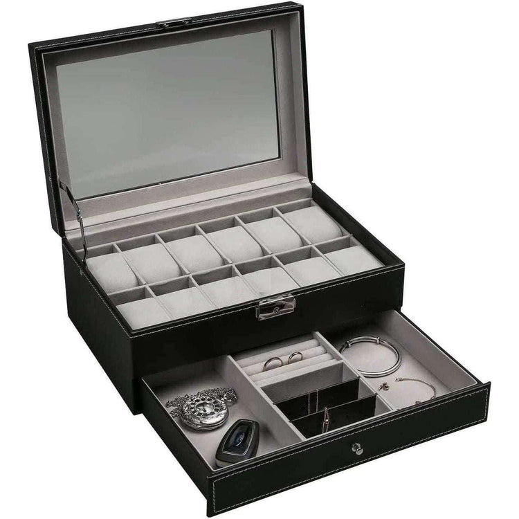 12 Slot PU Leather Lockable Watch and Jewelry Storage Boxes (Black) - Magdasmall