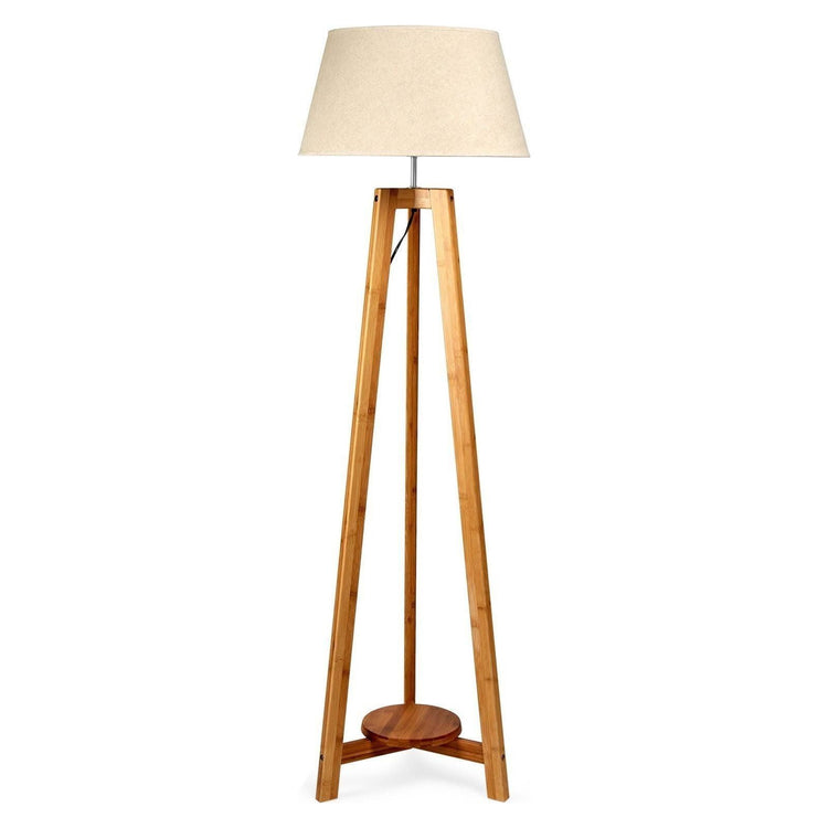 155cm Large Bamboo Wooden Tripod Floor Lamp w Beige Linen Light Shade - Magdasmall