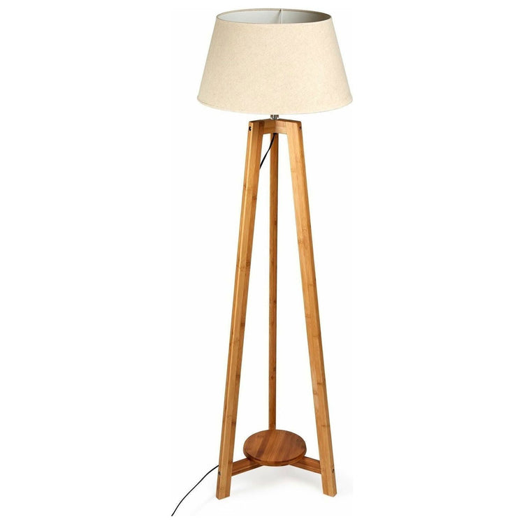 155cm Large Bamboo Wooden Tripod Floor Lamp w Beige Linen Light Shade - Magdasmall