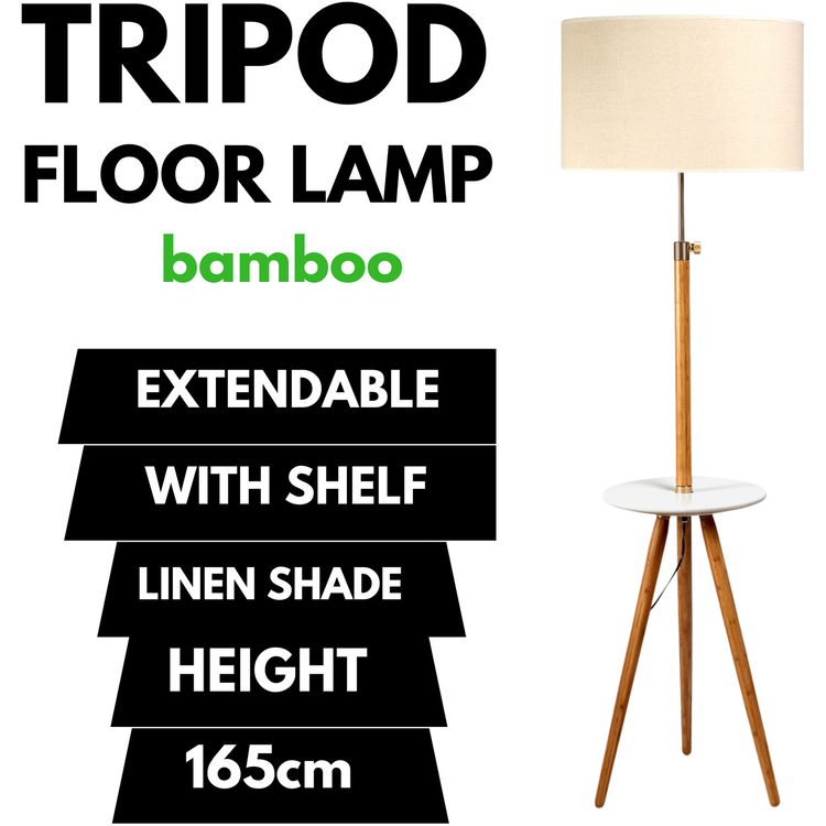165cm Large Extendable Bamboo Tripod Floor Lamp Linen Shade Shelving - Magdasmall