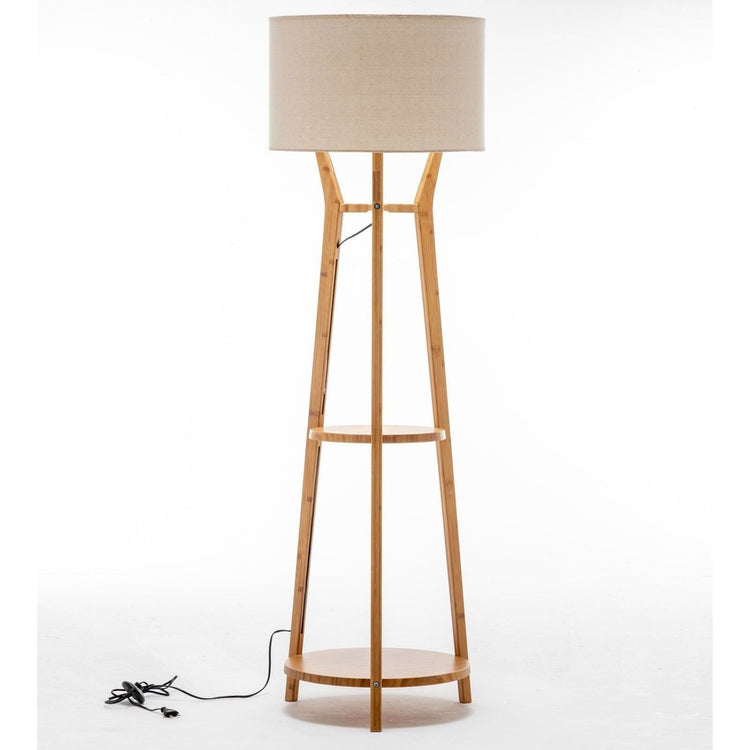 168cm Large Bamboo Wooden Tripod Floor Lamp Light Modern Linen Shade w Shelves - Magdasmall