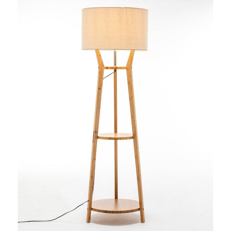 168cm Large Bamboo Wooden Tripod Floor Lamp Light Modern Linen Shade w Shelves - Magdasmall