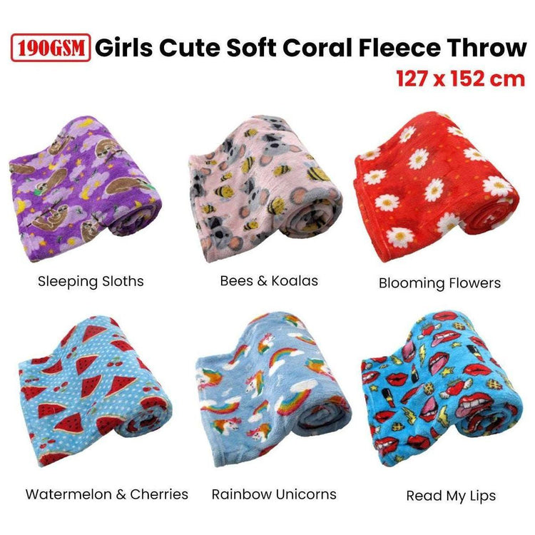 190GSM Girls Cute Ultra Soft Coral Fleece Throw 127 x 152cm Watermelon & Cherries - Magdasmall