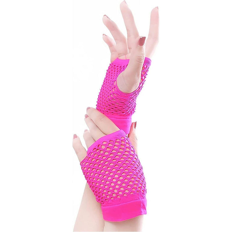 1 Pair Fishnet Gloves Fingerless Wrist Length 70s 80s Costume Party - Hot Pink - Magdasmall