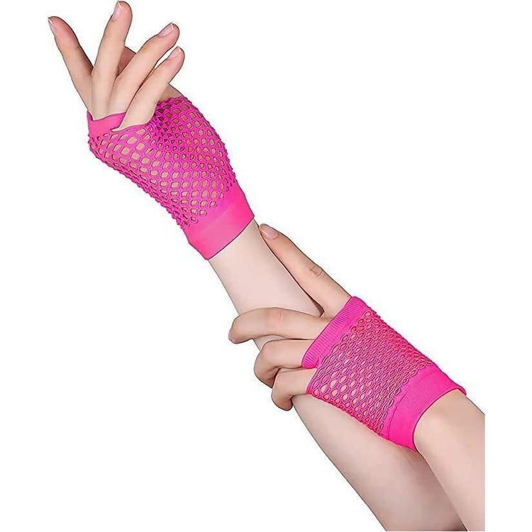 1 Pair Fishnet Gloves Fingerless Wrist Length 70s 80s Costume Party - Hot Pink - Magdasmall