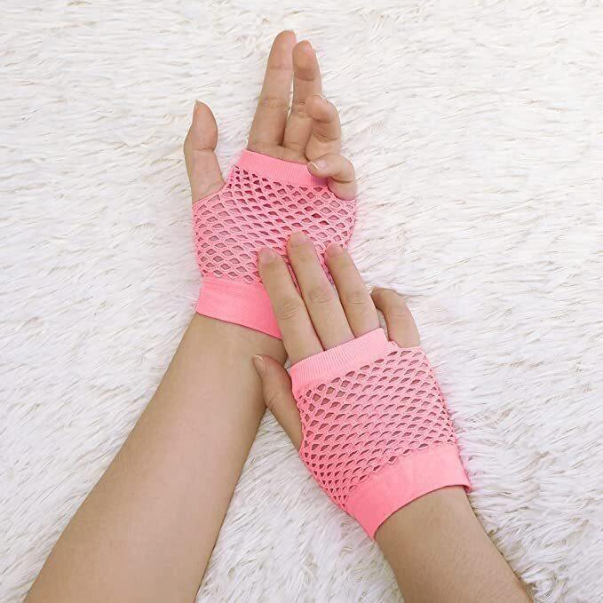 1 Pair Fishnet Gloves Fingerless Wrist Length 70s 80s Costume Party - Light Pink - Magdasmall