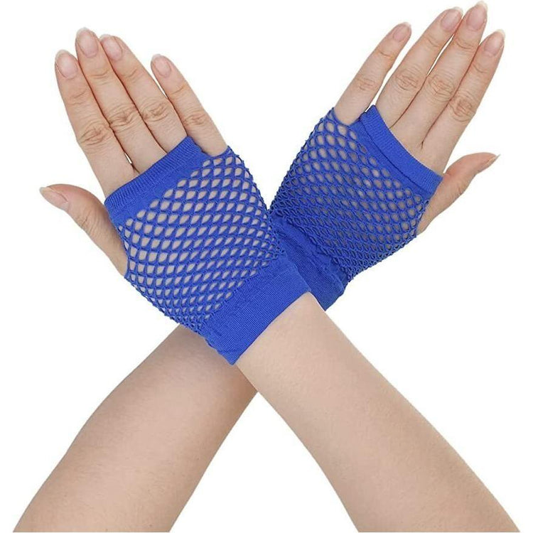 1 Pair Fishnet Gloves Fingerless Wrist Length 70s 80s Costume Party Dance - Blue - Magdasmall