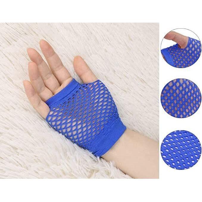 1 Pair Fishnet Gloves Fingerless Wrist Length 70s 80s Costume Party Dance - Blue - Magdasmall