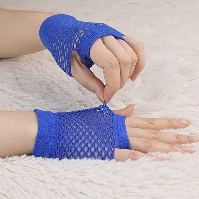 1 Pair Fishnet Gloves Fingerless Wrist Length 70s 80s Costume Party Dance - Blue - Magdasmall