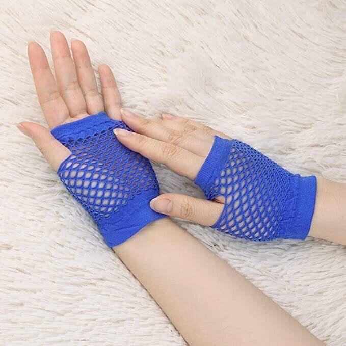 1 Pair Fishnet Gloves Fingerless Wrist Length 70s 80s Costume Party Dance - Blue - Magdasmall