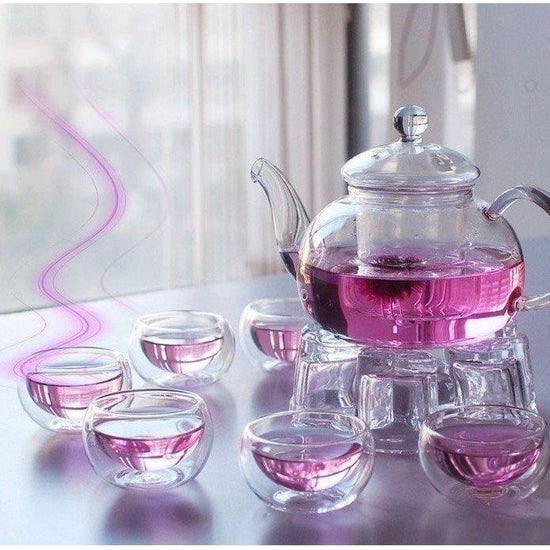1 Set of Gongfu Chinese Ceremony Tea Set - 6 Glass cups with Infuser and Tealight Candle Pot Warmer - Magdasmall