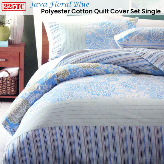 225TC Java Floral Blue Polyester Cotton Quilt Cover Set Single - Magdasmall