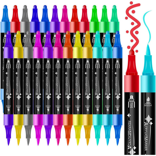 24-Color Dual-Tip Acrylic Marker Set - Fine and Brush Tip for Art Projects and DIY Crafts - Magdasmall