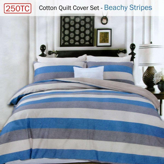 250TC Cotton Reversible Quilt Cover Set Beachy Stripes Queen - Magdasmall
