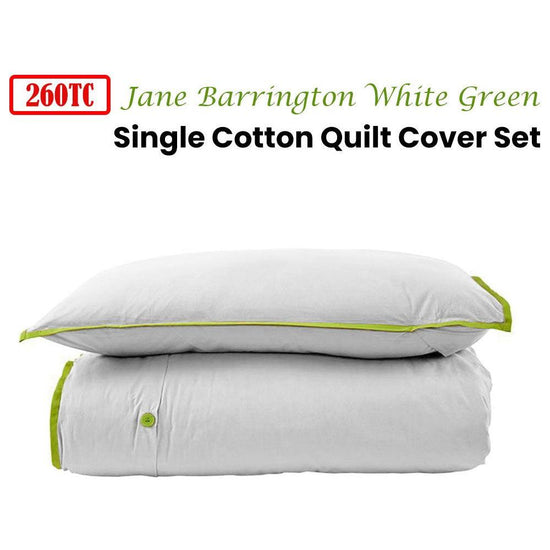 260TC 100% Cotton Quilt Cover Set Single White Green - Magdasmall