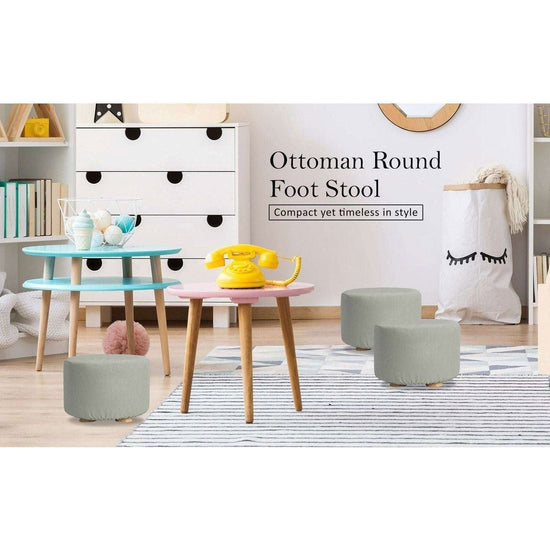 2X Fabric Ottoman Round Wooden Leg Foot Stool - GREY - Magdasmall