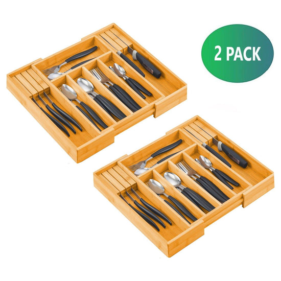 2 Pack Large Capacity Bamboo Expandable Drawer Organizer with Knife Block Holder for Home Kitchen Utensils - Magdasmall