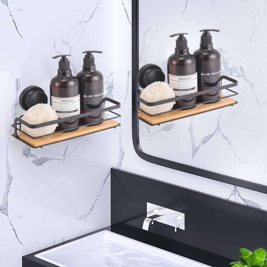 2 Pack Rectangular Bamboo Corner Shower Caddy Shelf Basket Rack with Premium Vacuum Suction Cup No-Drilling for Bathroom and Kitchen - Magdasmall