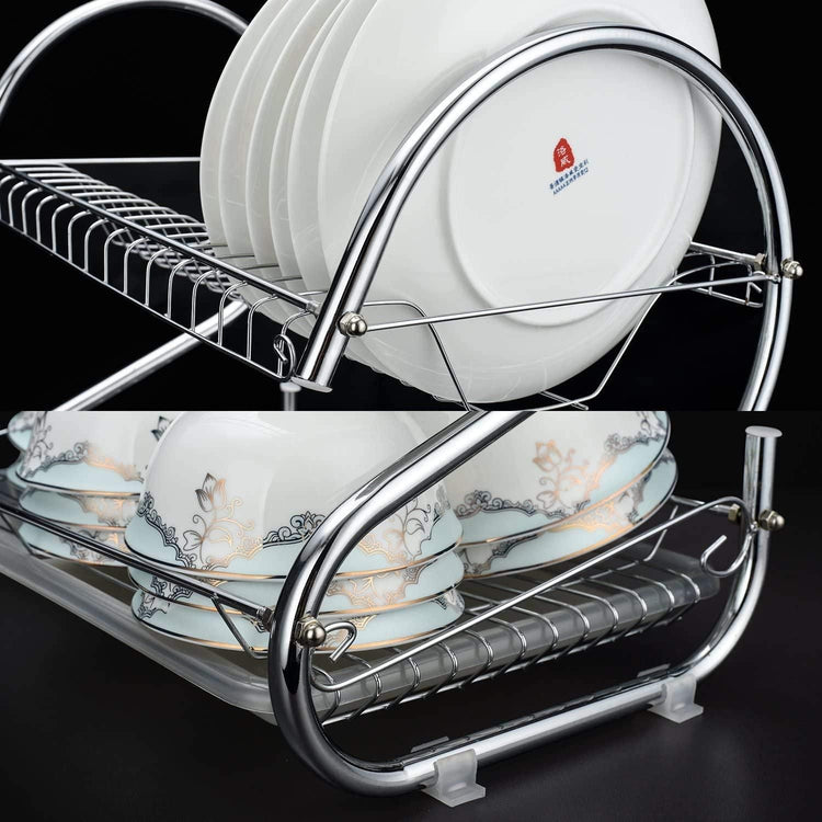 2 Tier Dish Rack with Drain Board for Kitchen Counter and Plated Chrome Dish Dryer Silver 42 x 25,5 x 38 cm - Magdasmall