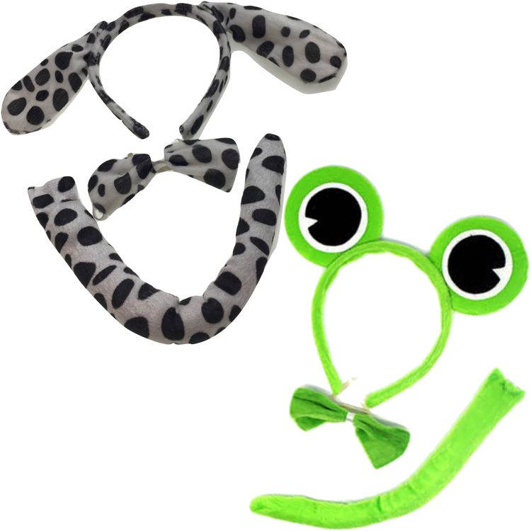 2pc Set Animal Headband w Bow Tail Dog + Frog Ears Hair Costume Halloween Party - Magdasmall