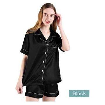2pc satin short women pajamas set small black - Magdasmall