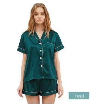 2pc satin short women pajamas set small teal - Magdasmall