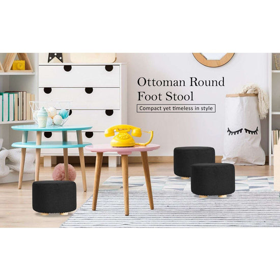 2X Fabric Ottoman Round Wooden Leg Foot Stool - BLACK
