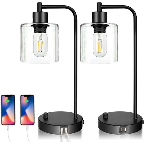 2x Pack Industrial Table Lamp with 2 USB Port for Bedside Nightstand Desk and Living Room Office (Bulb not Included) - Magdasmall