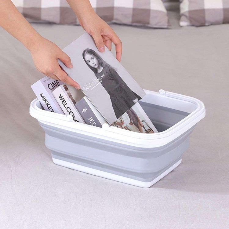 2x 9L Collapsible Laundry Folding Basket Wash Clothes w Handles Bin - Grey/White - Magdasmall