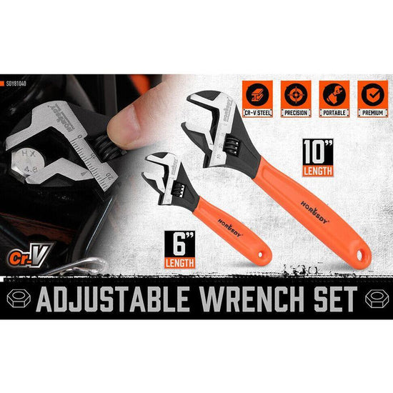 2x Adjustable Wrench Set 6" 10" Wide Jaw Spanner Cr-V Steel Workshop Metric SAE - Magdasmall
