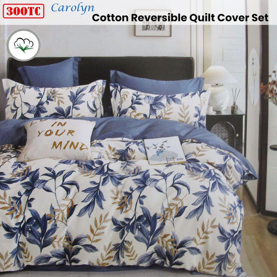 300TC Carolyn Blue Reversible Cotton Quilt Cover Set Queen - Magdasmall