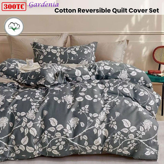 300TC Gardenia Charcoal Reversible Cotton Quilt Cover Set Queen - Magdasmall