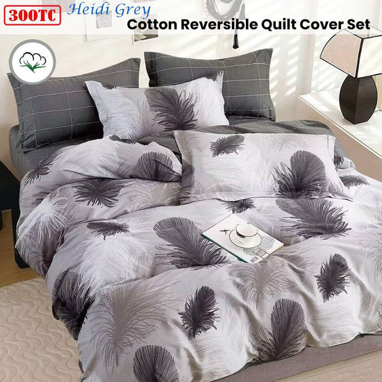 300TC Heidi Grey Reversible Cotton Quilt Cover Set Queen - Magdasmall