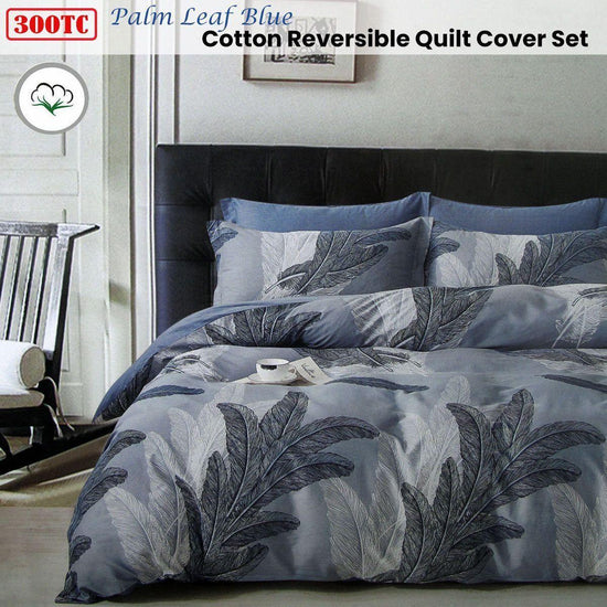 300TC Palm Leaf Blue Reversible Cotton Quilt Cover Set King - Magdasmall
