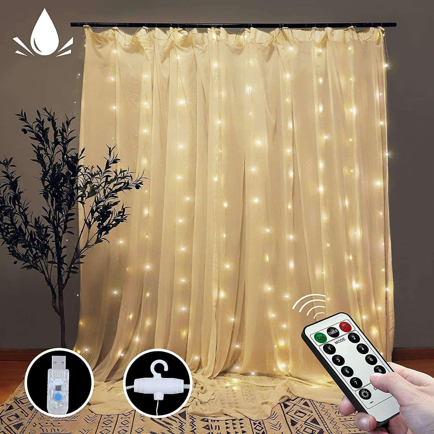 300 LEDs Window Curtain Fairy Lights 8 Modes and Remote Control for Bedroom (Warm White, 300 x 300cm) - Magdasmall