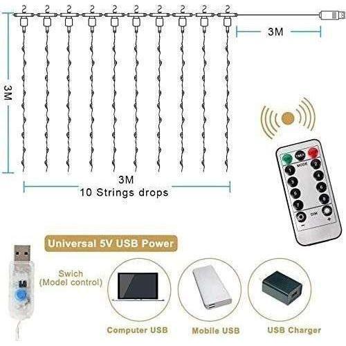 300 LEDs Window Curtain Fairy Lights 8 Modes and Remote Control for Bedroom (Warm White, 300 x 300cm) - Magdasmall