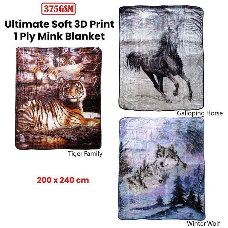 375gsm 1 Ply 3D Print Faux Mink Blanket Queen 200x240 cm Winter Wolf - Magdasmall