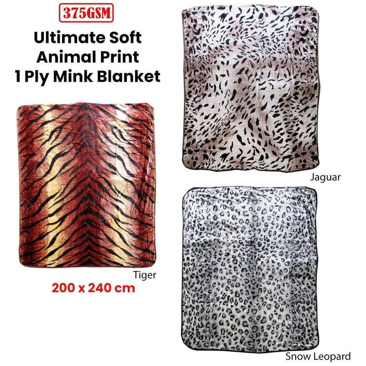 375gsm 1 Ply Animal Print Faux Mink Blanket Queen 200x240 cm Snow Leopard - Magdasmall