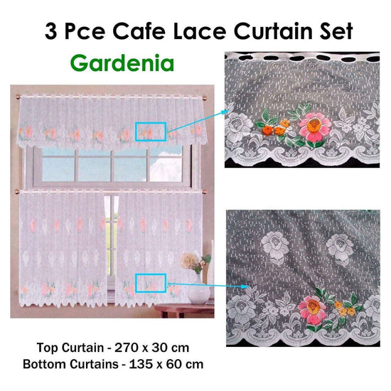 3 Pce Cafe Gardenia Lace Curtain Set - Magdasmall