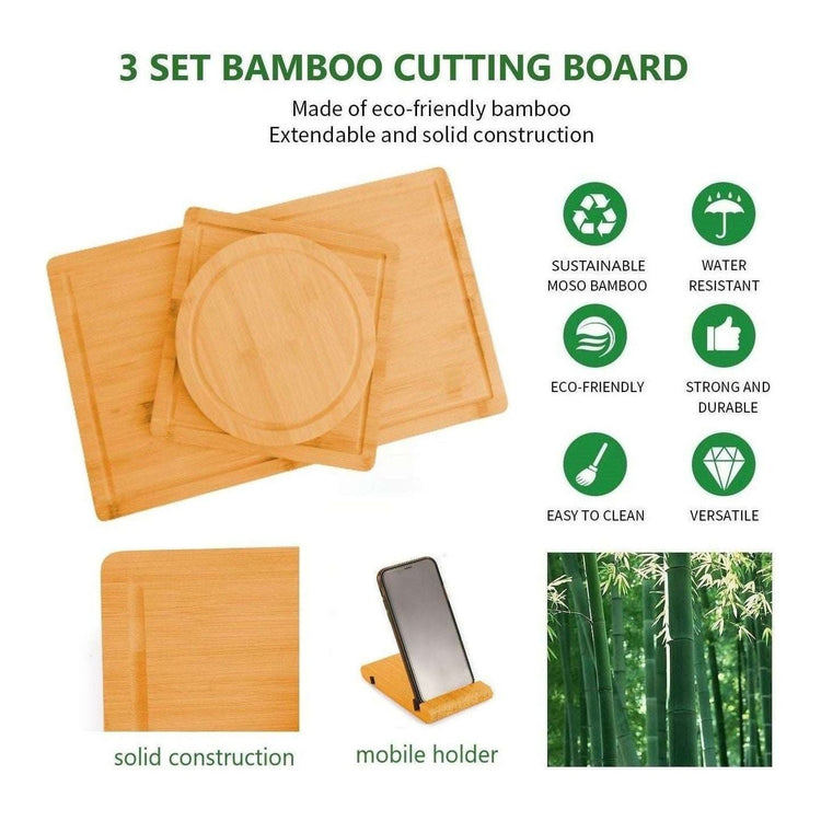 3 Pieces Bamboo Cutting Board with Juice Groove and Mobile Holder included for Home Kitchen - Magdasmall