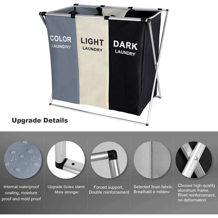 3 in 1 Large 135L Laundry Clothes Hamper Basket with Waterproof bags and Aluminum Frame (Multi) - Magdasmall