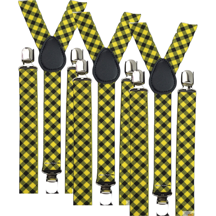 3x Mens Slim Suspenders Braces Adjustable Clip On - Black/Yellow Check - Magdasmall