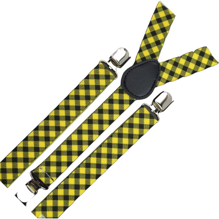3x Mens Slim Suspenders Braces Adjustable Clip On - Black/Yellow Check - Magdasmall