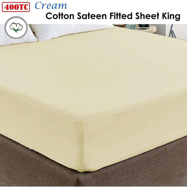 400TC Cream 100% Cotton Sateen Fitted Sheet King - Magdasmall