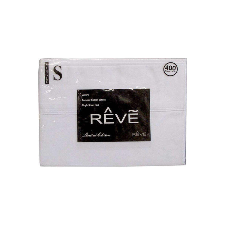400TC Reve 100% Cotton Sateen Sheet Set White Single - Magdasmall